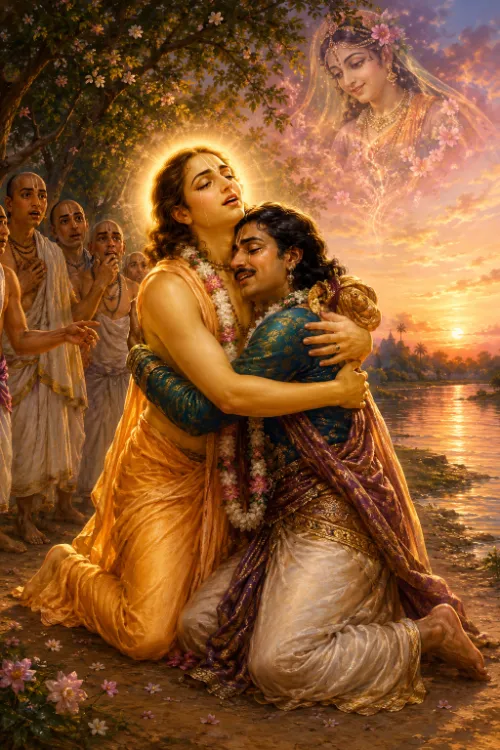 The golden-complexioned Śrī Caitanya, in saffron robes with a flower garland and a halo of light, kneels on a riverbank at sunset embracing Rāmānanda Rāya, who kneels facing Him in a blue-green tunic and gold ornaments with his arms around Him. Four devotees in white watch from the left with hands raised in wonder, and Rādhā’s face appears softly among flowering branches above.