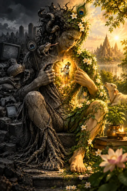 A seated figure half cracked stone beside a heap of discarded things under a grey city, half living flesh wound with vines and jasmine before a sunlit temple and river, a small luminous Kṛṣṇa glowing at the chest.