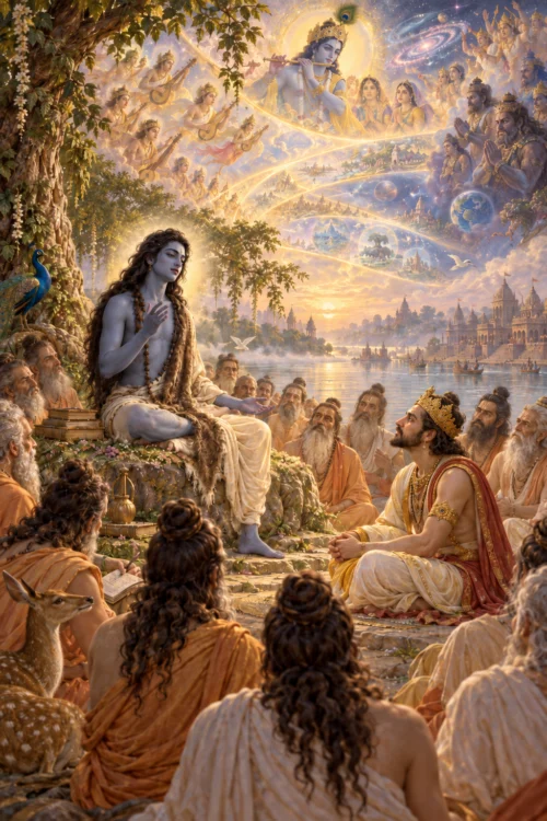 Śukadeva Gosvāmī, blue-hued with long matted hair, seated on a rock beneath a flowering tree and speaking to the crowned King Parīkṣit and a circle of sages by a river; above them luminous bands carry the epic past gandharvas and planets to Kṛṣṇa playing His flute.