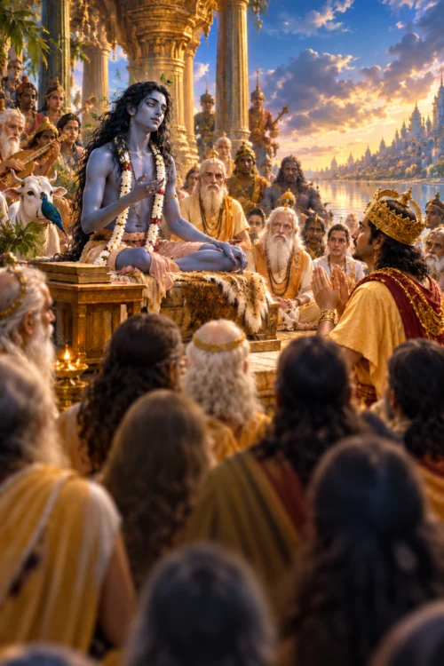 Śukadeva Gosvāmī, blue-hued and long-haired, seated cross-legged on a golden dais with palms joined, speaking to the crowned Parīkṣit and a large assembly of sages beside a river at sunset.