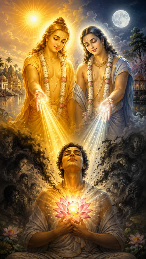A golden-complexioned Caitanya and a fair Nityānanda stand side by side in saffron and blue-grey robes with flower garlands, each extending a hand from which streams of light pour down; a sun blazes behind one and a full moon behind the other. Below, a young man sits with eyes closed holding a glowing pink lotus at his chest, ringed by dark smoky faces that recede before the light.