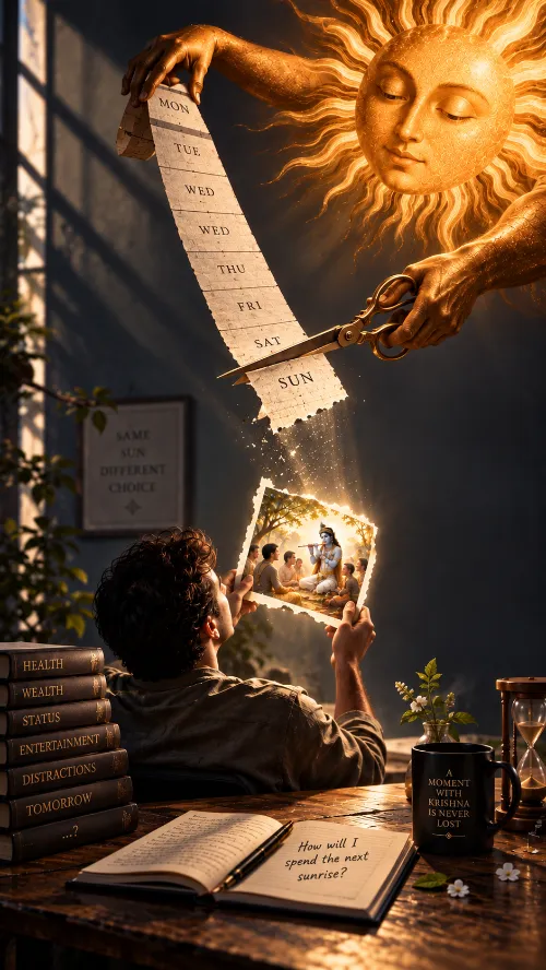 A personified sun cuts away the days of the week with scissors while the severed strip turns to light and becomes a glowing image of Kṛṣṇa with his flute, which a young man reaches up to catch above a desk of books labelled health, wealth, status and tomorrow.