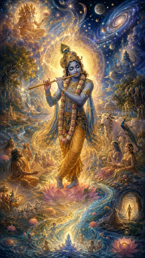Kṛṣṇa stands playing His flute on a pink lotus at the centre of a golden aura, in a yellow dhotī with a peacock crown and long flower garlands. Around Him the whole creation is arrayed: Brahmā seated on a lotus at the upper left, galaxies and planets at the upper right, Śiva in meditation on a peak, sages and a chariot below left, gopīs beside a river at the right, with a cow, a peacock, a waterfall and lotus pools below.