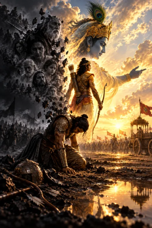 Arjuna collapsed in the mud of the battlefield with his bow fallen, and rising behind him the same figure standing with bow drawn in golden light, Kṛṣṇa’s crowned face above and the faces of his kinsmen in the darkness at left.