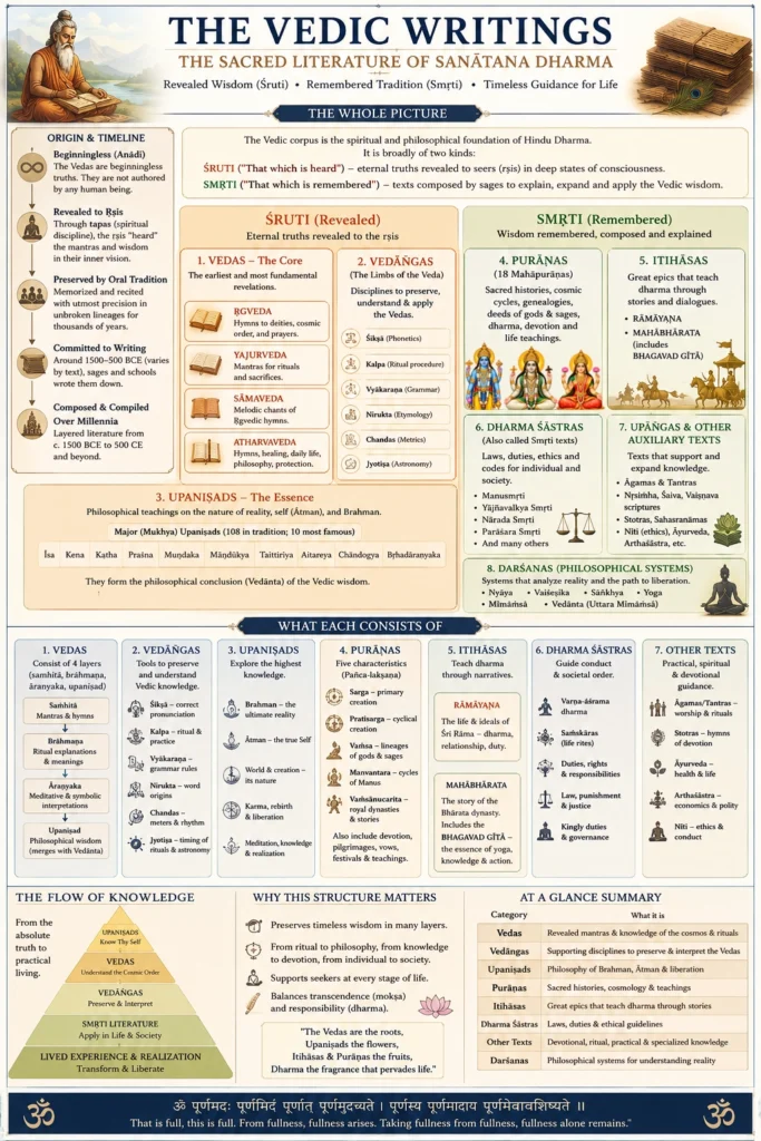 An infographic titled “The Vedic Writings — The Sacred Literature of Sanātana Dharma.” A timeline down the left runs from beginningless truth, through revelation to the ṛṣis, oral preservation, committal to writing around 1500–500 BCE, and composition over millennia. The body divides into ŚRUTI — the four Vedas, the six Vedāṅgas and the Upaniṣads — and SMṚTI — Purāṇas, Itihāsas, Dharma-śāstras, upāṅgas and the six darśanas. A middle band details what each class consists of, and the foot carries a pyramid running from Upaniṣads down through Vedas, Vedāṅgas and smṛti literature to lived realization, a summary table, and the pūrṇam adaḥ invocation.