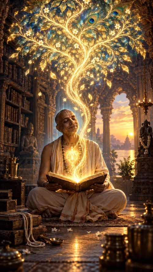 An elderly Vaiṣṇava sits with an open, glowing book in his hands; the light rises from its pages through his heart and opens overhead into a tree of leaves, flowers and peacock feathers, with palm-leaf manuscripts and lamps around him.