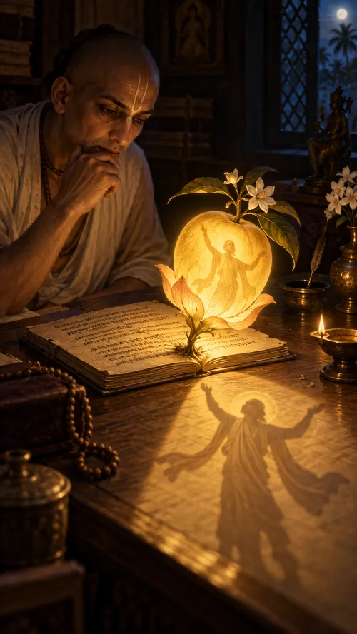 A Vaiṣṇava scholar studying a palm-leaf manuscript by lamplight, a glowing fruit rising from the open book with a luminous figure inside it, casting on the table the shadow of a figure with raised arms.
