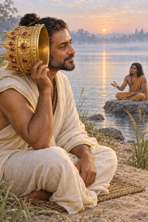 King Parīkṣit sits by the Gaṅgā at dawn holding his crown to his ear like a listening horn, facing Śukadeva across the water.
