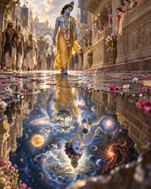 Kṛṣṇa walking barefoot through a city street as onlookers watch from a balcony, His reflection in a rain puddle showing not a man but galaxies, suns and spiralling worlds.