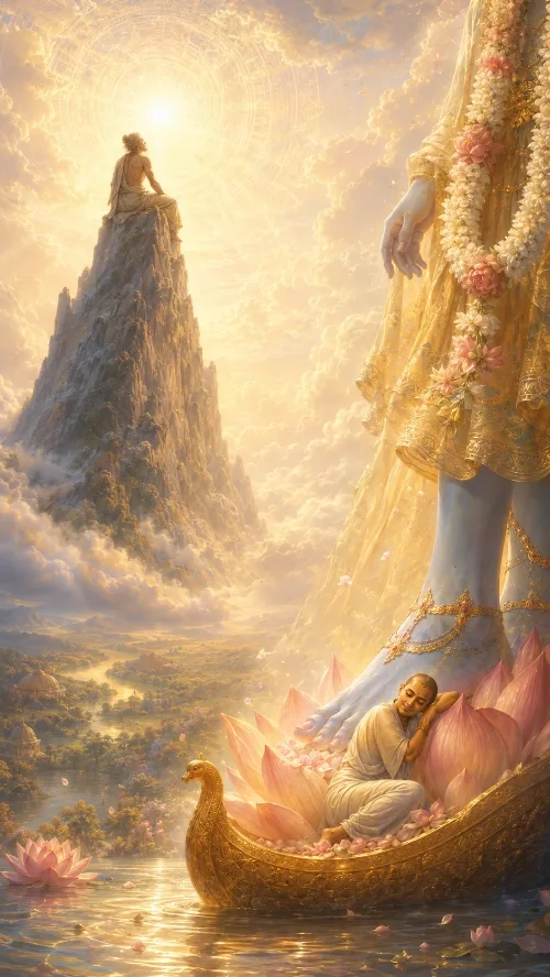 A luminous golden scene among the clouds. At the left a solitary figure sits at the summit of a high rocky peak facing a blazing sun. At the right a vast figure in gold-bordered robes and flower garlands stands with one hand lowered, and a small figure in white sleeps peacefully on a pink lotus in a golden boat at its feet, drifting on a lotus-strewn river above a distant sunlit valley.