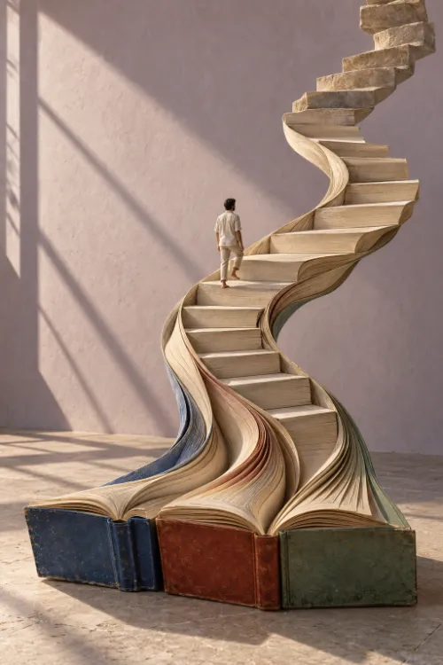 Three books whose pages rise into a single spiral staircase, climbed by a figure in white.