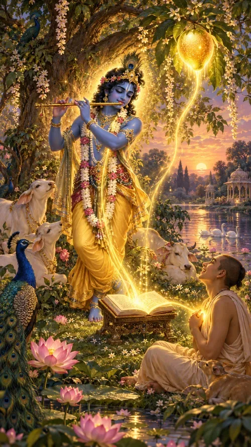 Kṛṣṇa plays His flute beneath a flowering tree in Vraja while a seated devotee gazes up with folded hands; a stream of golden light runs from the flute through an open book on a low stand and up into a glowing fruit hanging above. Cows, a peacock and lotuses fill the riverbank at sunset.