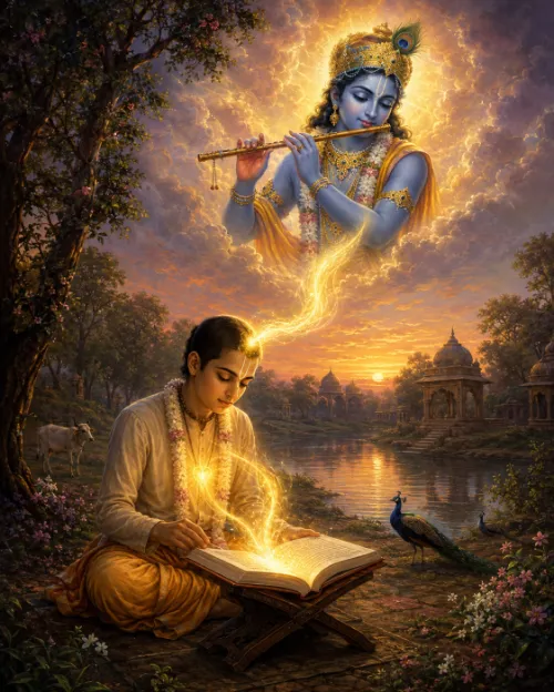 A young devotee with a śikhā, tilaka and flower garland sits cross-legged at a low wooden stand beside a river at sunset, writing on an open manuscript that glows with light. A stream of gold rises from the page to Kṛṣṇa, who appears large among the clouds above playing His flute in a peacock crown and gold ornaments. A cow grazes beneath a flowering tree at the left, and two peacocks stand near domed pavilions on the far bank.