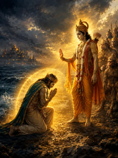 Rāma stands on a rocky shore in a golden dhotī with a crown, flower garlands and a quiver at His shoulder, one hand raised in the gesture of fearlessness and light streaming from Him. Vibhīṣaṇa kneels before Him with palms joined, ringed by a halo of gold. Ranks of vānaras stand at the right, and the towers of Laṅkā glow across a dark and stormy sea behind.