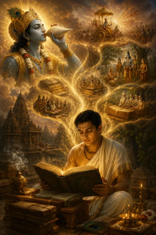 A young man in white sits reading a large illuminated book at a low table by a river at dusk, a brass lamp and stacked palm-leaf manuscripts beside him. Ribbons of golden light rise from the page into glowing vignettes overhead — seated sages, a group of Deities, Rāma with His companions, and a chariot on a battlefield — while Kṛṣṇa blows a conch at the upper left. Temple towers stand in the mist behind.