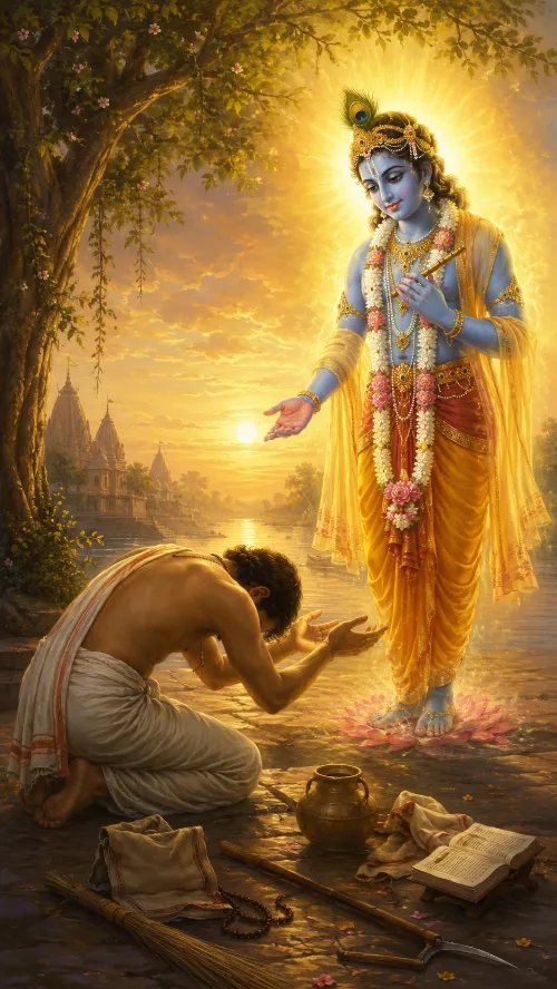 A man in a plain white dhotī kneels with his head bowed and hands cupped before Kṛṣṇa, who stands on a pink lotus in a golden dhotī with a peacock crown and flower garlands, holding His flute and extending one hand in blessing. A river runs past temple spires at sunset behind them. The man’s tools lie on the ground beside him — a broom, a sickle, a water pot, a cloth bundle and an open book.