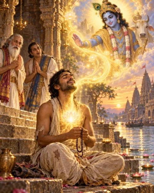 A ragged devotee sits chanting on the ghat steps with japa beads, golden light streaming from his heart toward Kṛṣṇa, who reaches down from the clouds beside a white cow; two richly dressed brāhmaṇas watch from the stairs above with folded hands.