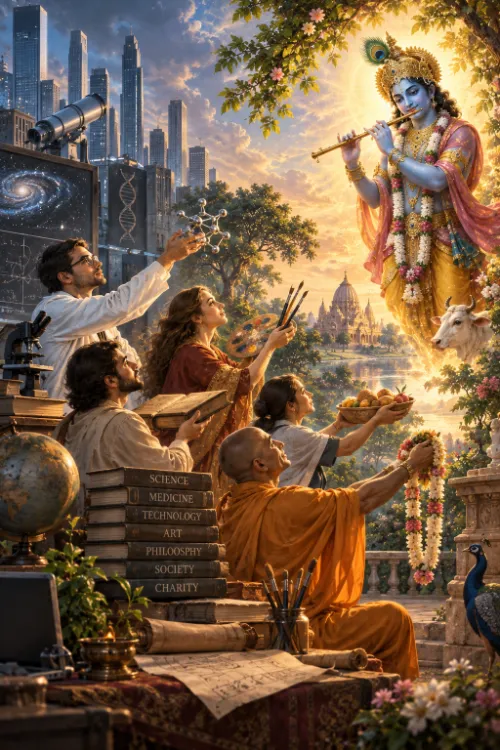 A scientist reaching up with a molecular model, a painter with brushes and palette, a scholar with a book, a woman offering a bowl of fruit and a monk holding out a flower garland, all turned toward Kṛṣṇa playing His flute above a river and temple town; a city skyline and a blackboard of equations stand behind them, and a stack of books is lettered Science, Medicine, Technology, Art, Philosophy, Society, Charity.