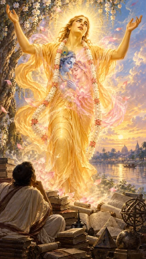 A scholar surrounded by scrolls, books and an armillary sphere looks up from his study at a golden vision of Caitanya Mahāprabhu with arms raised, Rādhā and Kṛṣṇa embracing within his form amid falling petals.