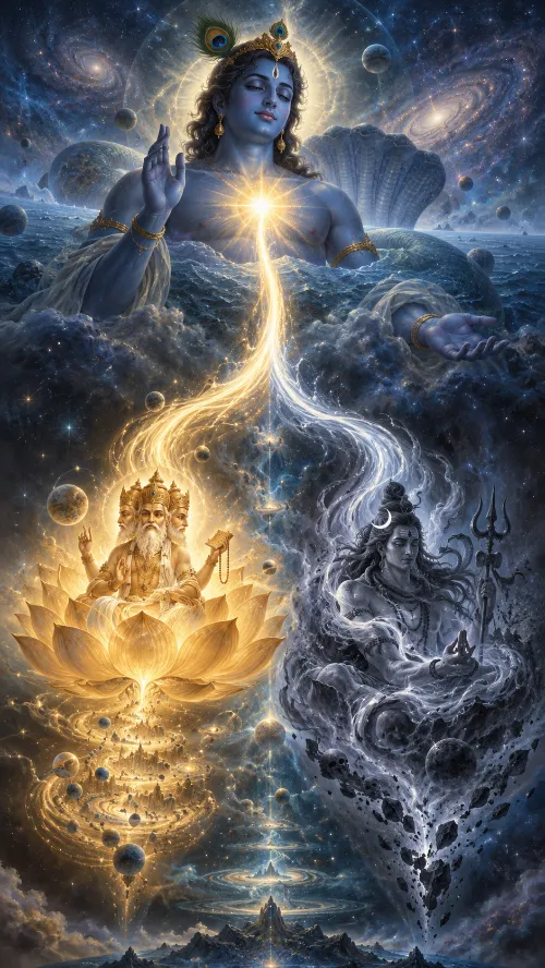 Kṛṣṇa above with light streaming from His chest and dividing in two — golden to four-headed Brahmā on a lotus bringing worlds into being, silver-grey to Śiva with trident and crescent amid clouds of dissolution.