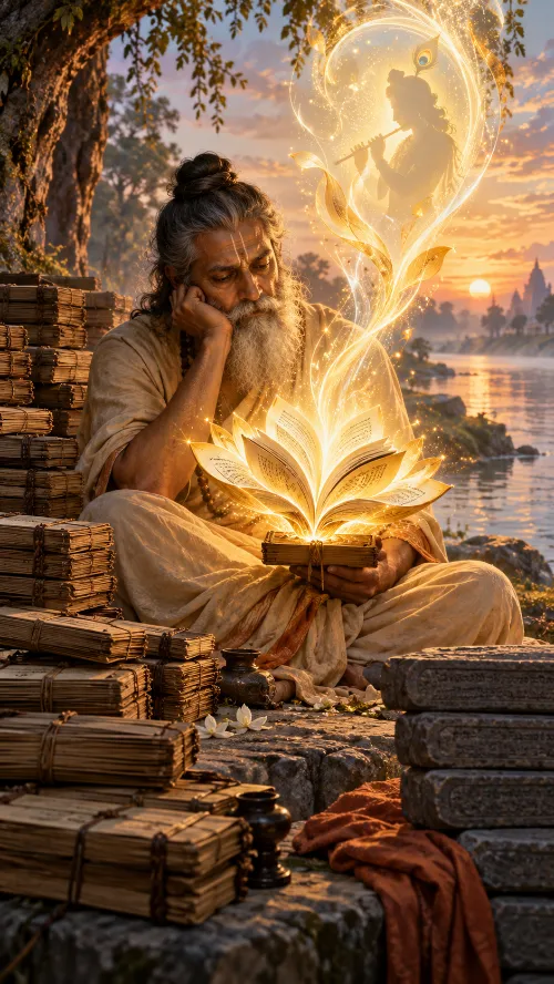 Vyāsa sits dissatisfied among great stacks of palm-leaf manuscripts by a river at sunset, an open glowing book in his lap from which light rises and takes the form of Kṛṣṇa with his flute.