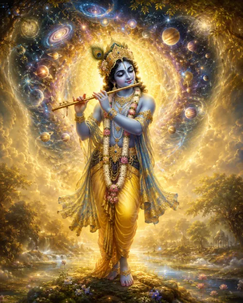 Kṛṣṇa stands playing His flute in a yellow dhotī, peacock crown and long flower garland, surrounded by a vast golden spiral of galaxies, nebulae and ringed planets arcing behind Him. Below, a river winds through flowering meadows with lotuses and a distant pavilion.