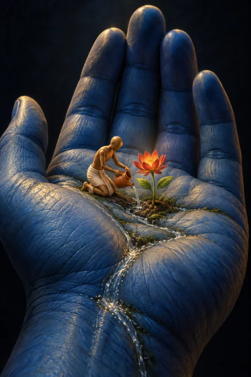 A small wooden figure kneels on Kṛṣṇa’s open blue palm, watering a red lotus growing there.