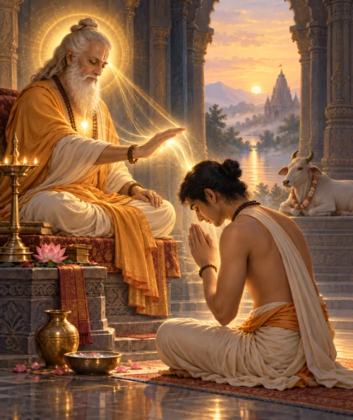 A guru seated on a dais extends his hand over the bowed head of a kneeling disciple with joined palms, light streaming between them, in a riverside temple at sunset.